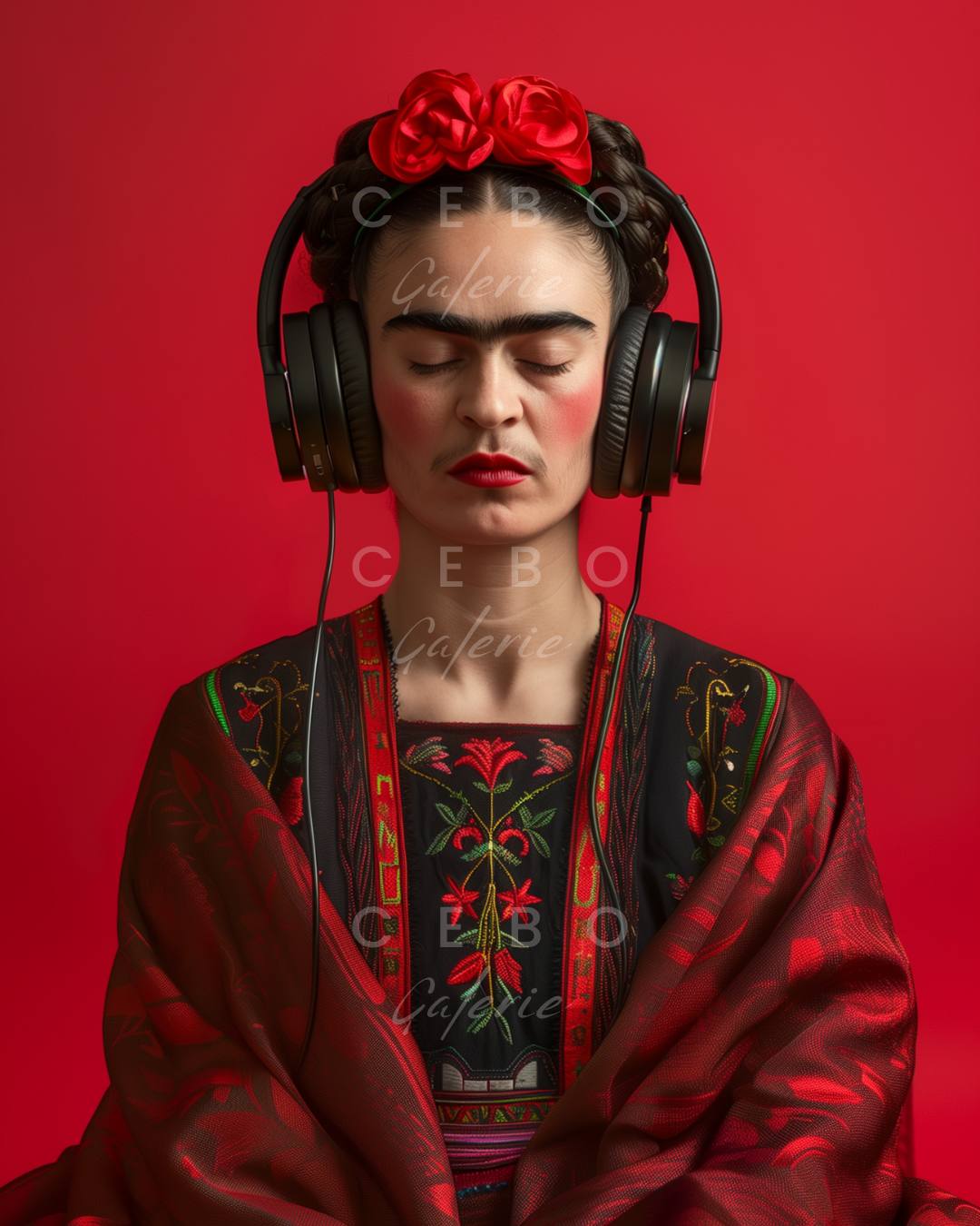 affiche d'art symphonie frida mettant en scene frida kahlo avec des ecouteurs noirs sur un fond rouge, apercu produit