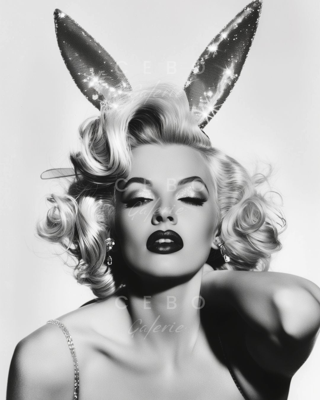 Affiche d'art noir et blanc de Marilyn Monroe avec des oreilles de lapin scintillantes, apercu produit