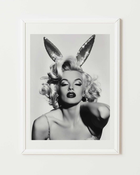 Affiche d'art noir et blanc de Marilyn Monroe avec des oreilles de lapin scintillantes, encadré blanc