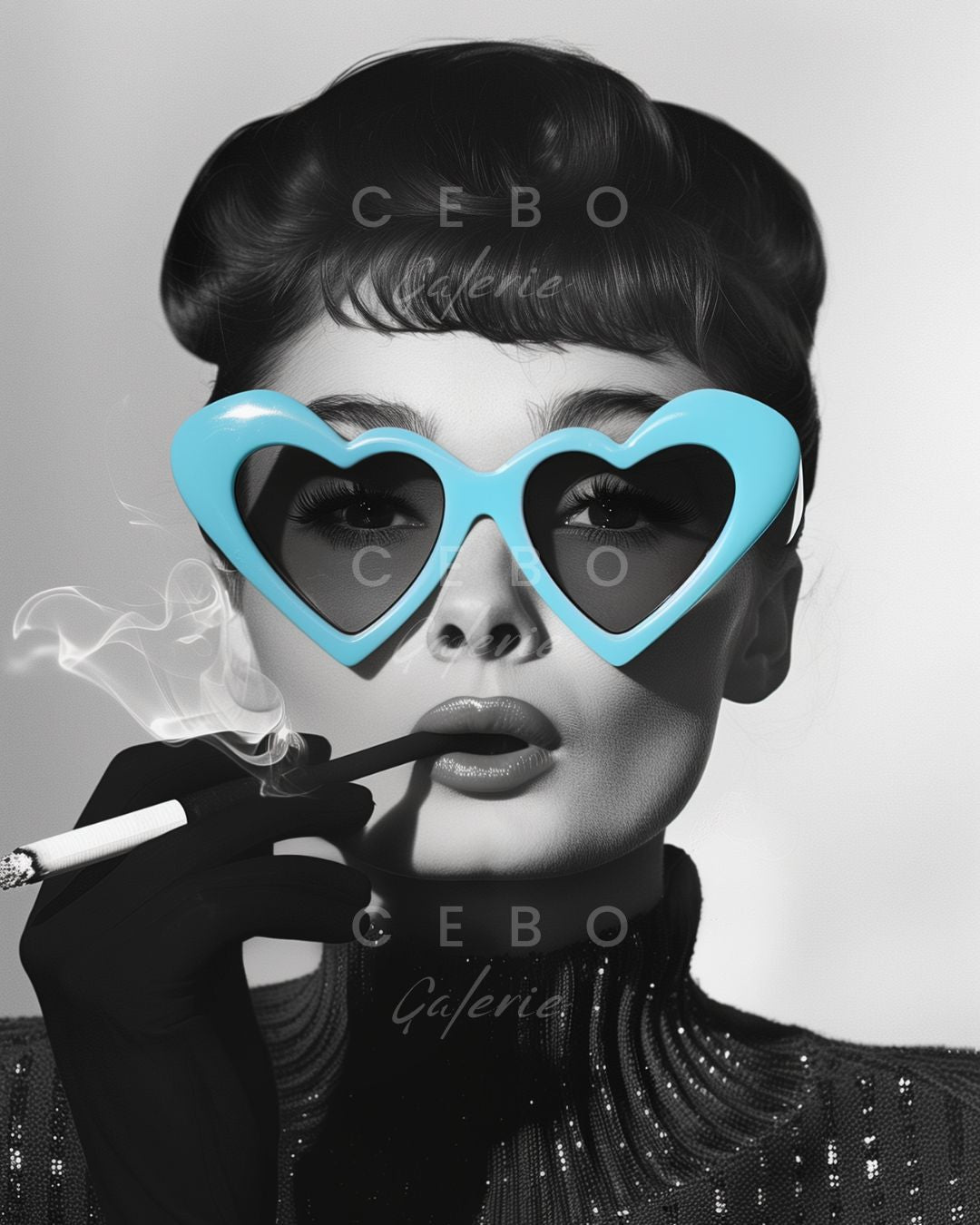 affiche d'art avec audrey hepburn fumant une cigarette et portant des lunettes en forme de coeur, apercu produit