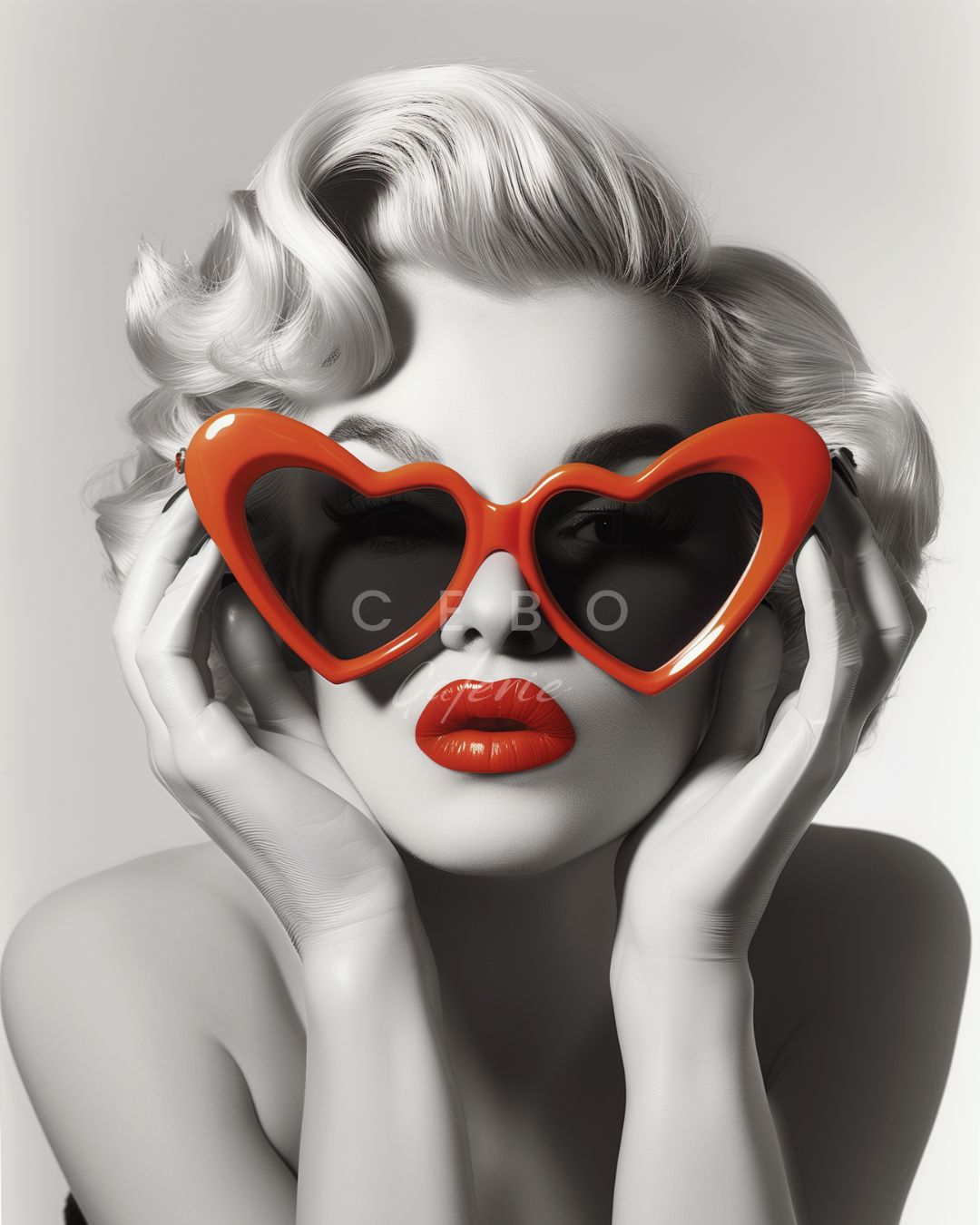 affiche d'art de Marilyn Monroe en noir et blanc portant des lunettes plastique rouge en forme de coeur, présentation produit