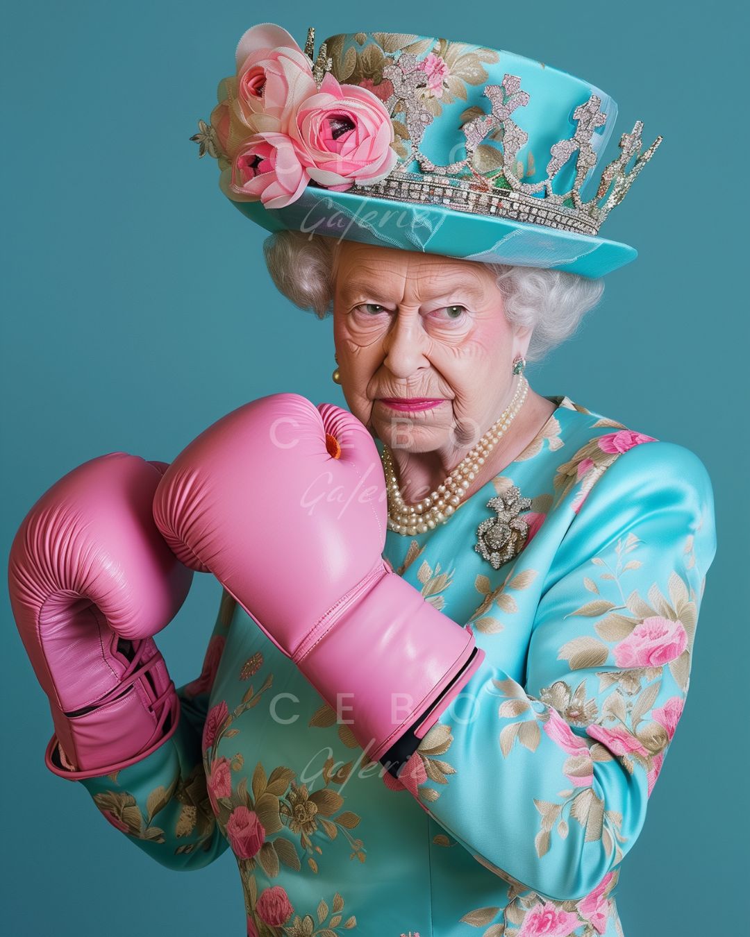 affiche d'art Combat Royal mettant en scene la reine Elisabeth 2 avec des gants de boxe roses, présentation du produit