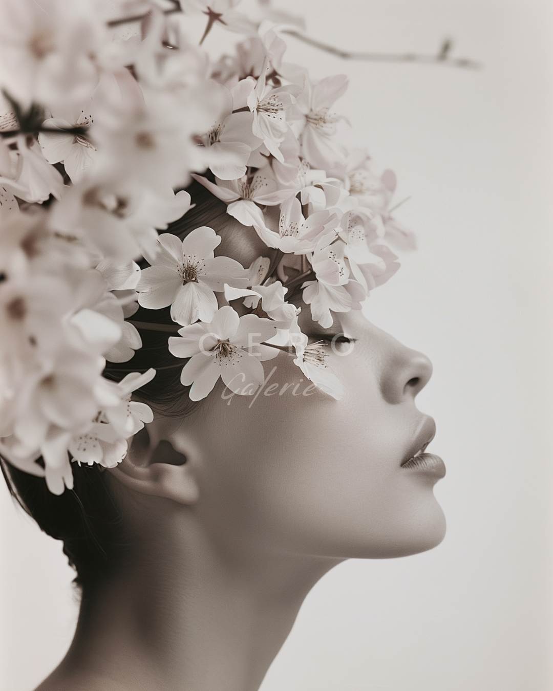 Affiche d'art éclosion mysterieuse représentant le portrait d'une femme couverte de fleur de cerisier dans des teintes de beige, apercu produit