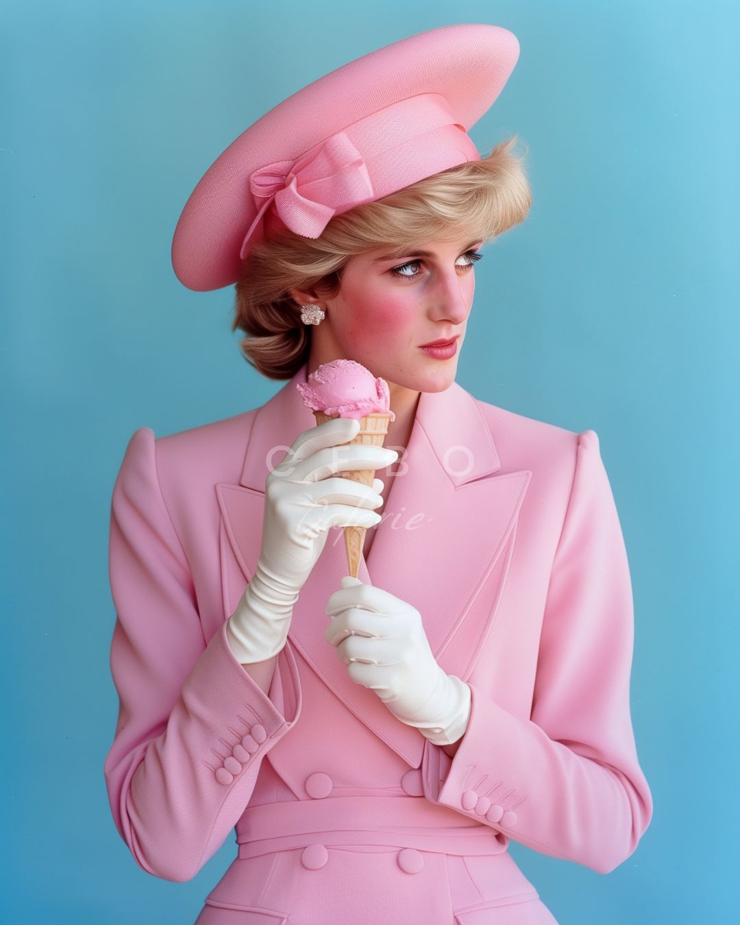 Affiche d'art représentant la princesse Diana en tailleur chic rose mangeant une glace à la fraise, apercu du produit