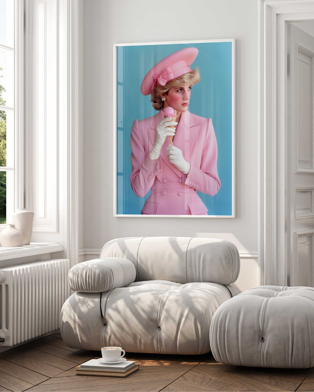 Affiche d'art représentant la princesse Diana en tailleur chic rose mangeant une glace à la fraise, apercu du produit dans un salon design