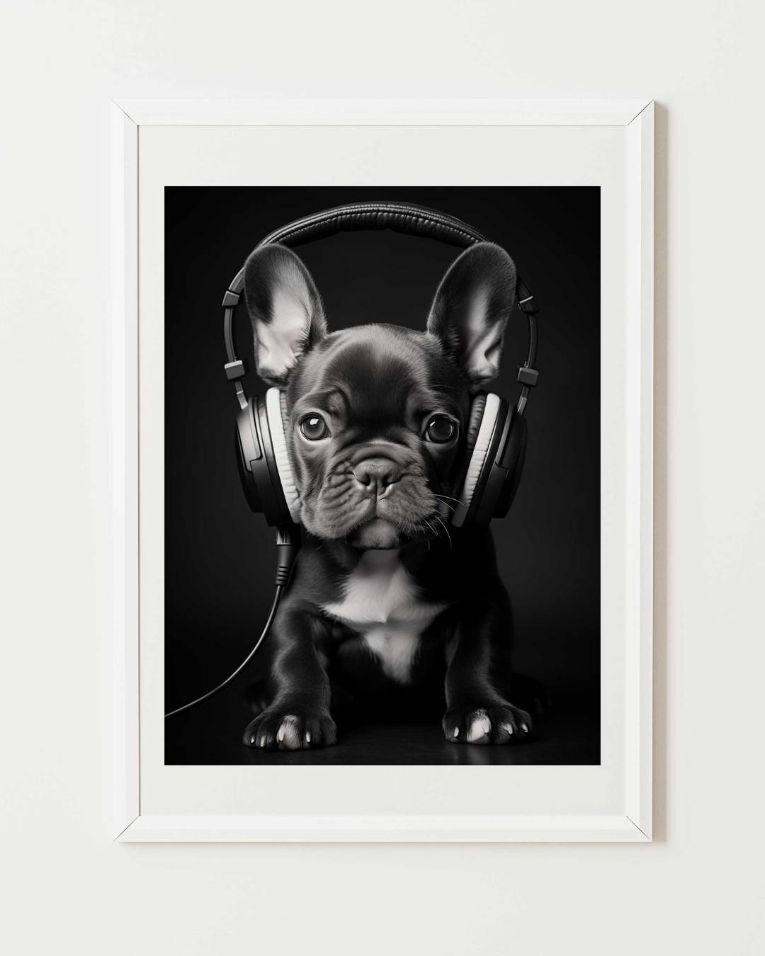 Affiche d'art représentant un bébé bouledogue francais noir et blanc portant un casque audio de la même couleur mise en situation dans un cadre blanc