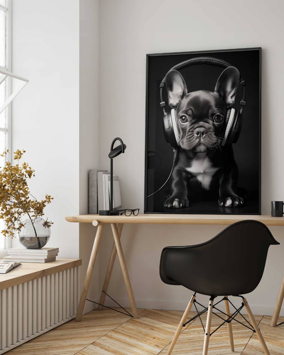 Affiche d'art représentant un bébé bouledogue francais noir et blanc portant un casque audio de la même couleur mise en situation dans un cadre noir dans un bureau moderne