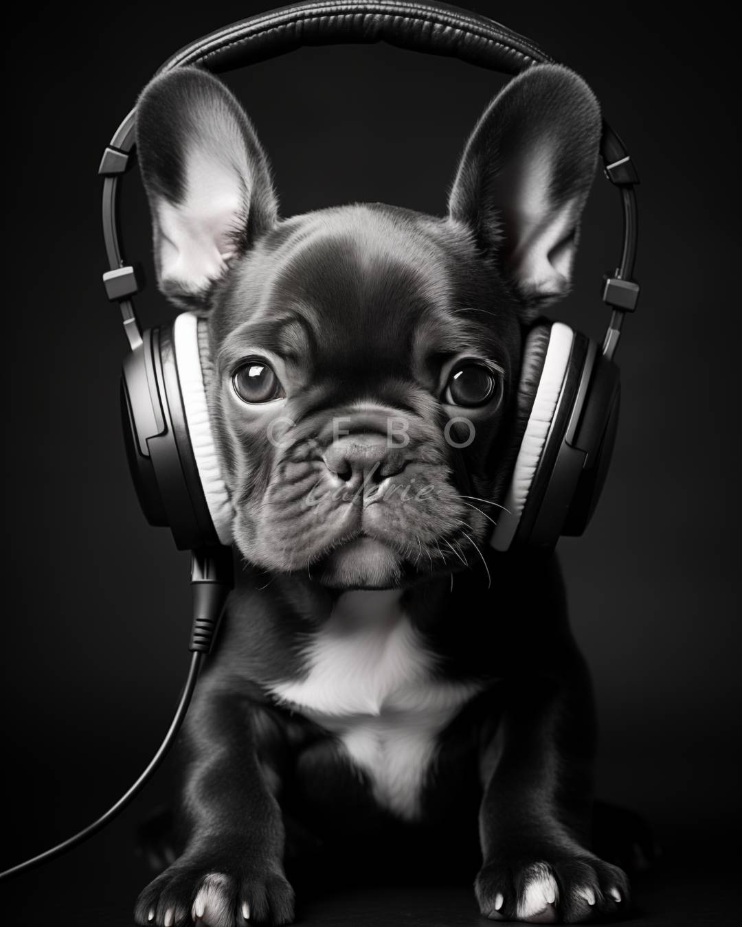 Affiche d'art représentant un bébé bouledogue francais noir et blanc portant un casque audio de la même couleur mise en situation présentation du produit