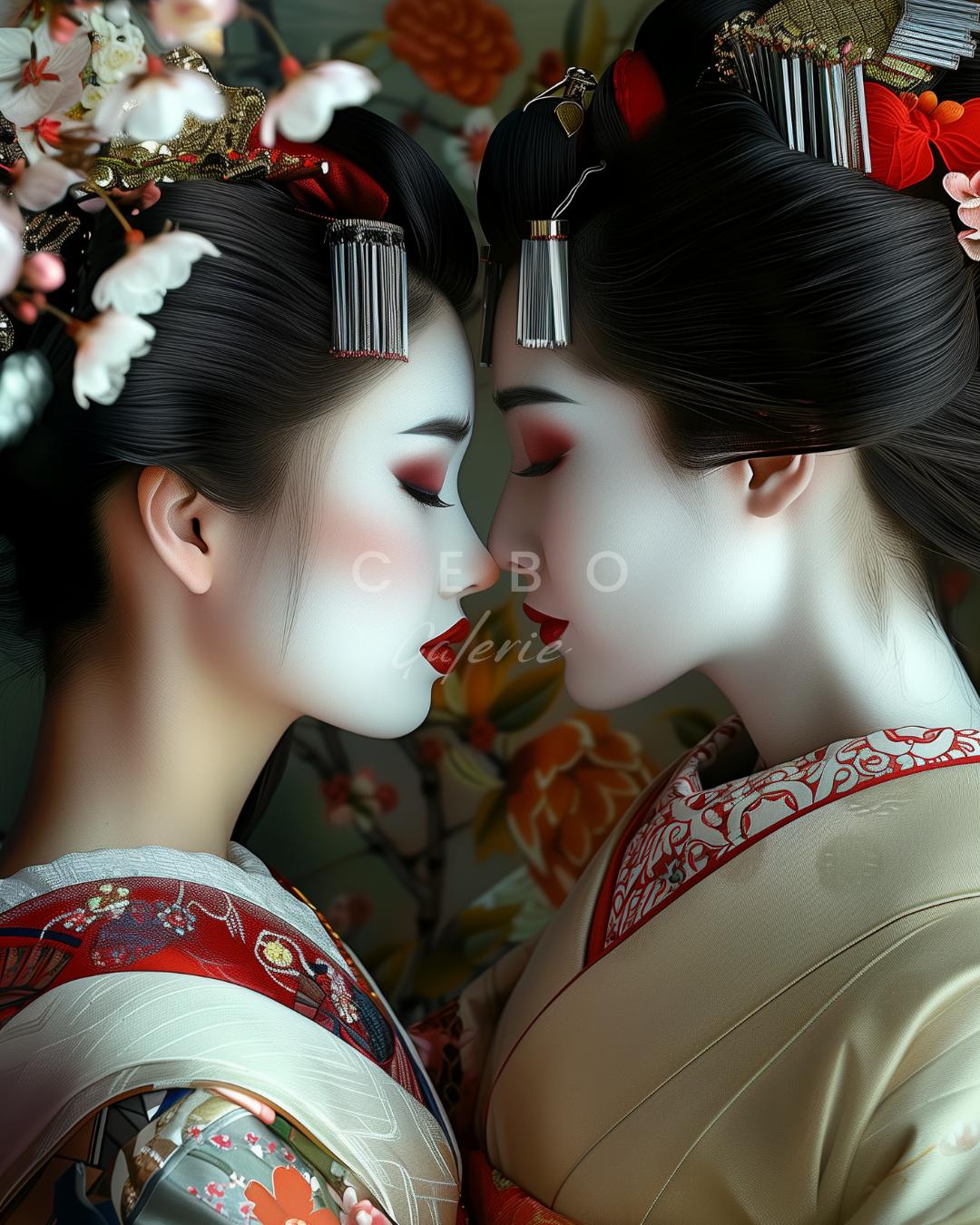 Affiche d'art représentant deux geishas en tenue traditionnel s'embrassant, apercu produit