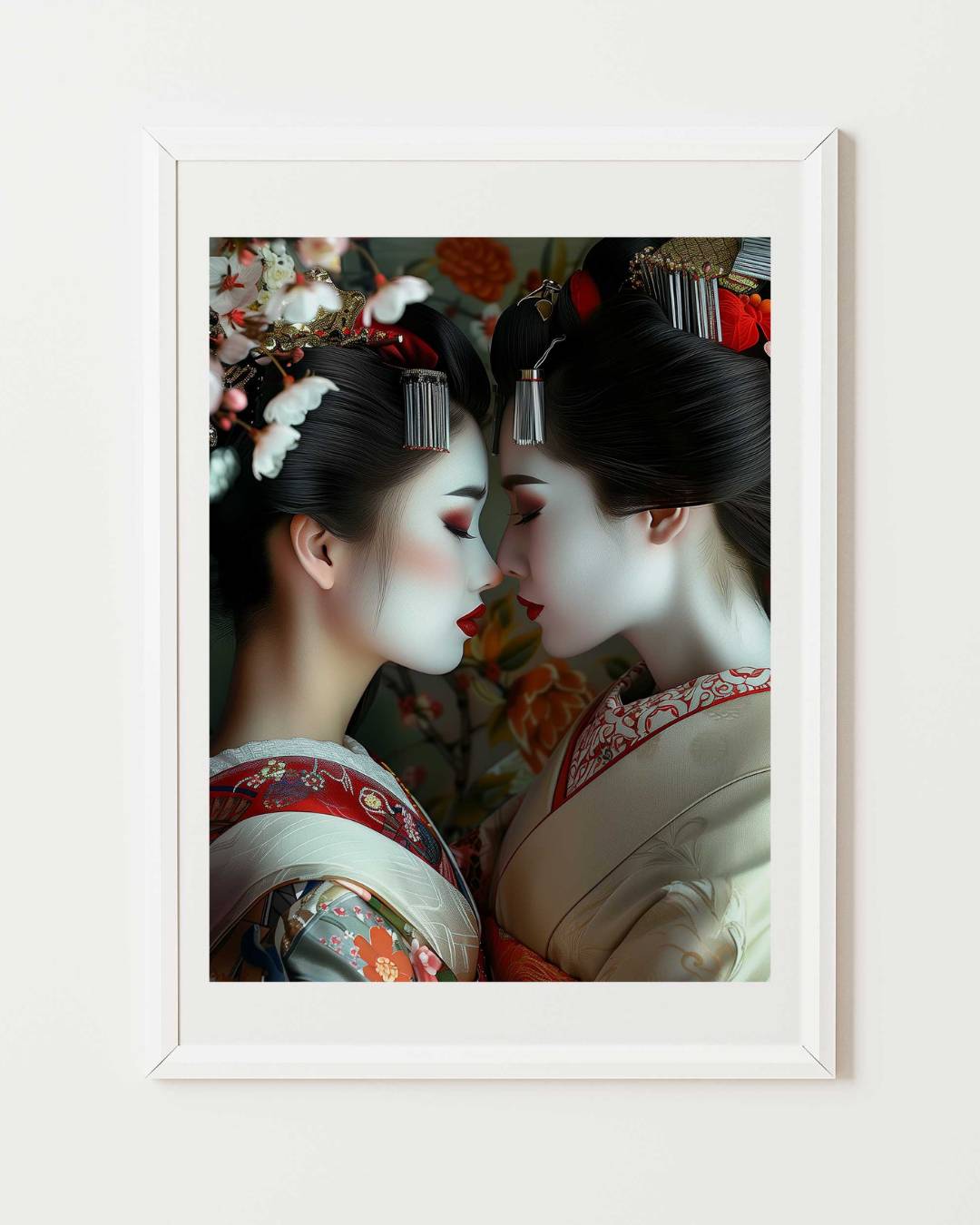 Affiche d'art représentant deux geishas en tenue traditionnel s'embrassant, encadré