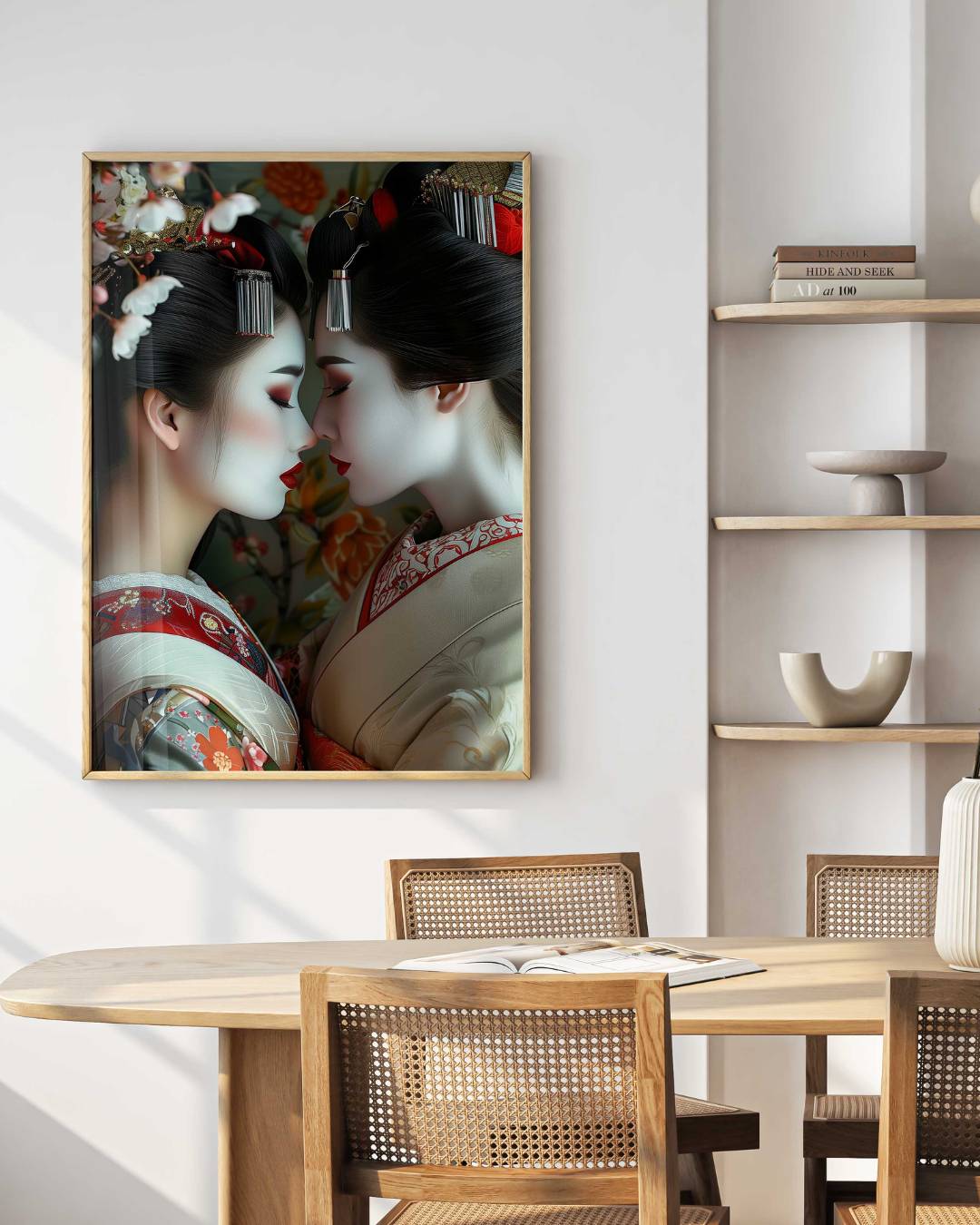 Affiche d'art représentant deux geishas en tenue traditionnel s'embrassant, mise en situation dans un salon et cadre bois