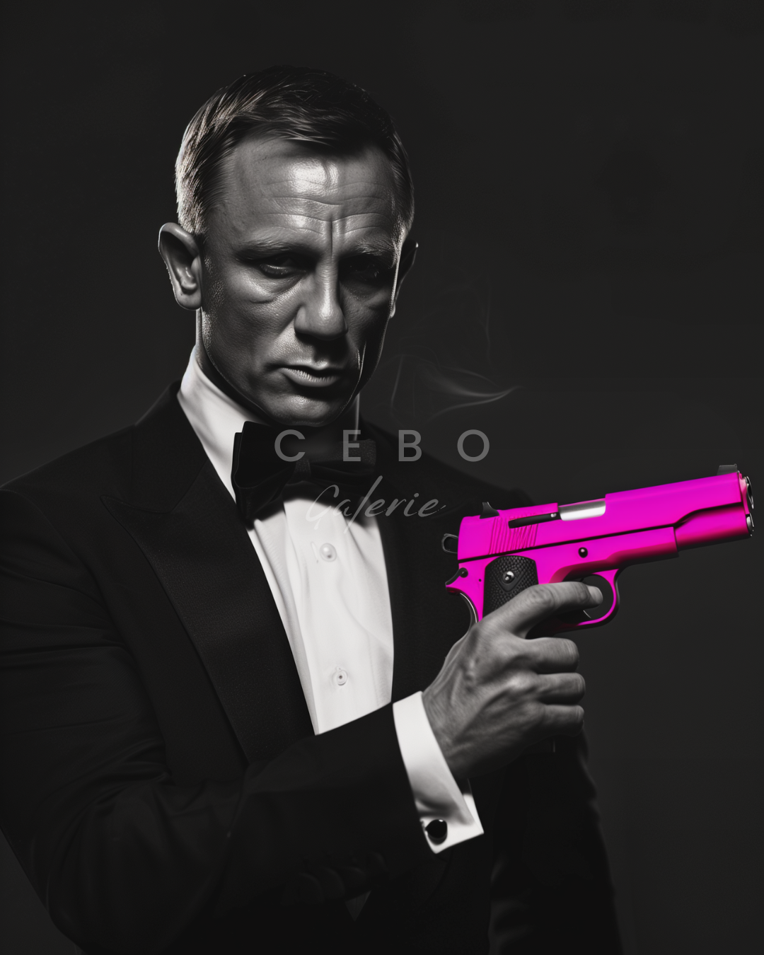 Présentation produit d'une affiche d'art de James Bond avec un pistolet rose encadré