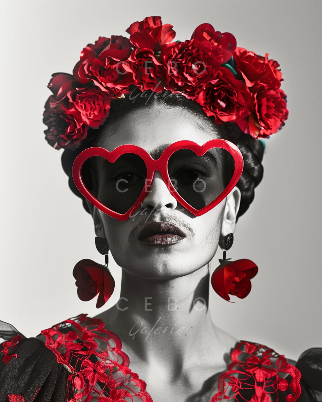 Affiche d'art Coeur de Frida mettant en scene Frida Khalo avec des grandes lunettes en forme de coeur et une couronne de fleur rouge - présentation du produit