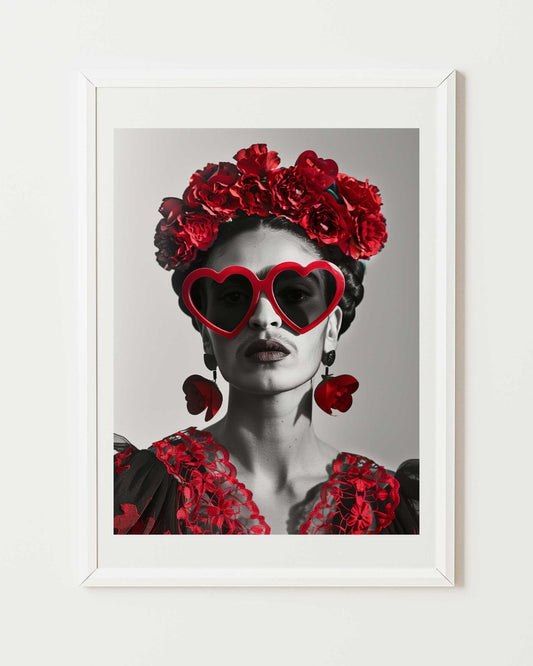 Affiche d'art Coeur de Frida mettant en scene Frida Khalo avec des grandes lunettes en forme de coeur et une couronne de fleur rouge, produit encadré