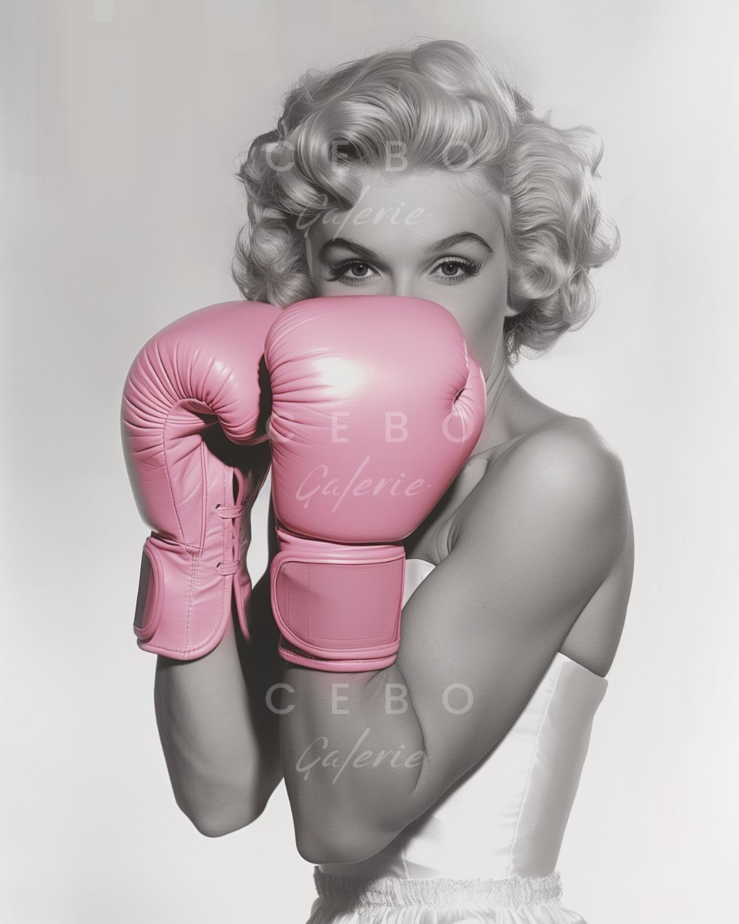 affiche d'art représentant marilyn monroe en noir et blanc avec des gants roses, apercu du produit