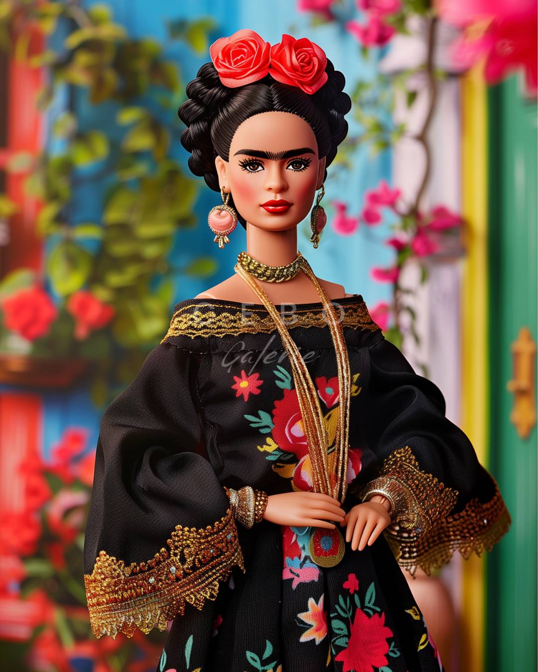 Affiche d'art de Frida Kahlo en poupée portant une tenue tradionnel mexicaine, présentation de l'affiche