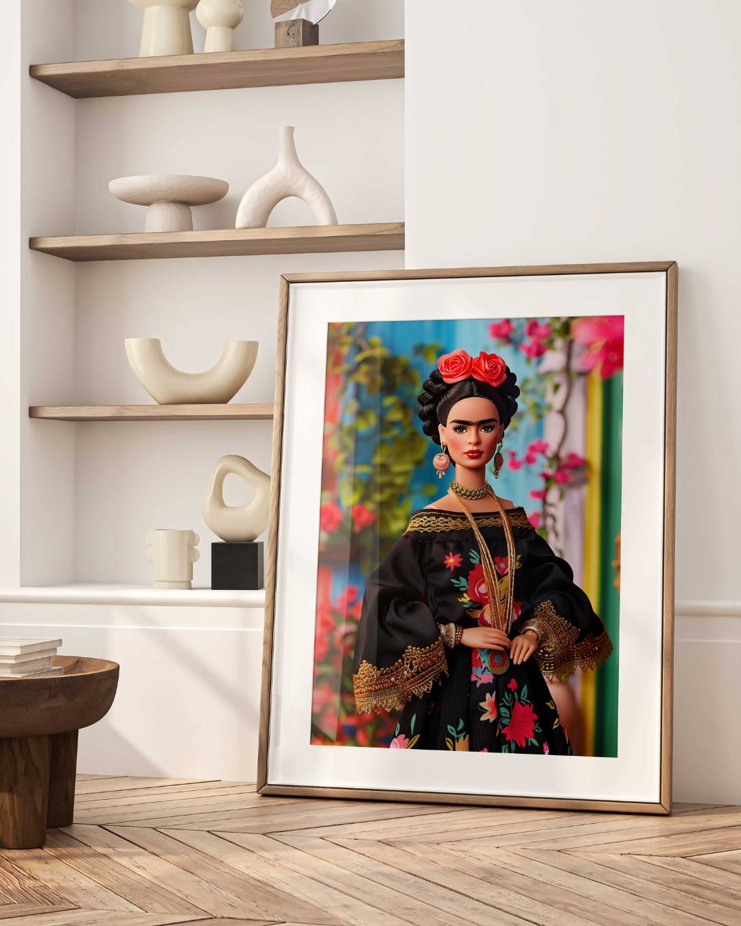 Affiche d'art de Frida Kahlo en poupée portant une tenue tradionnel mexicaine, affiche mise en situation dans un salon