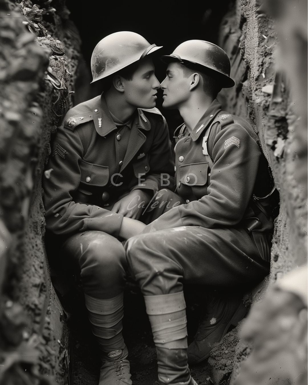 Affiche d'Art Les Soldats Amoureux, une œuvre d'art ou deux soldats s'embrassent au milieu des tranchées en temps de guerre. La photo présente un apercu de l'affiche..