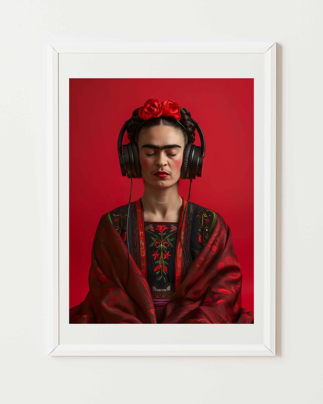 affiche d'art symphonie frida mettant en scene frida kahlo avec des ecouteurs noirs sur un fond rouge, affiche encadré dans un cadre blanc